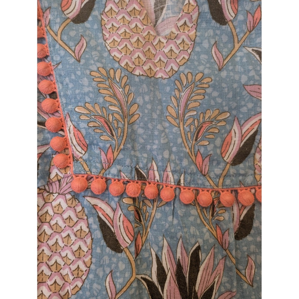 Boden Linen Pineapple Tunic Dress Women's 4R Blue Pink Pom Pom Trim - Picture 6 of 11